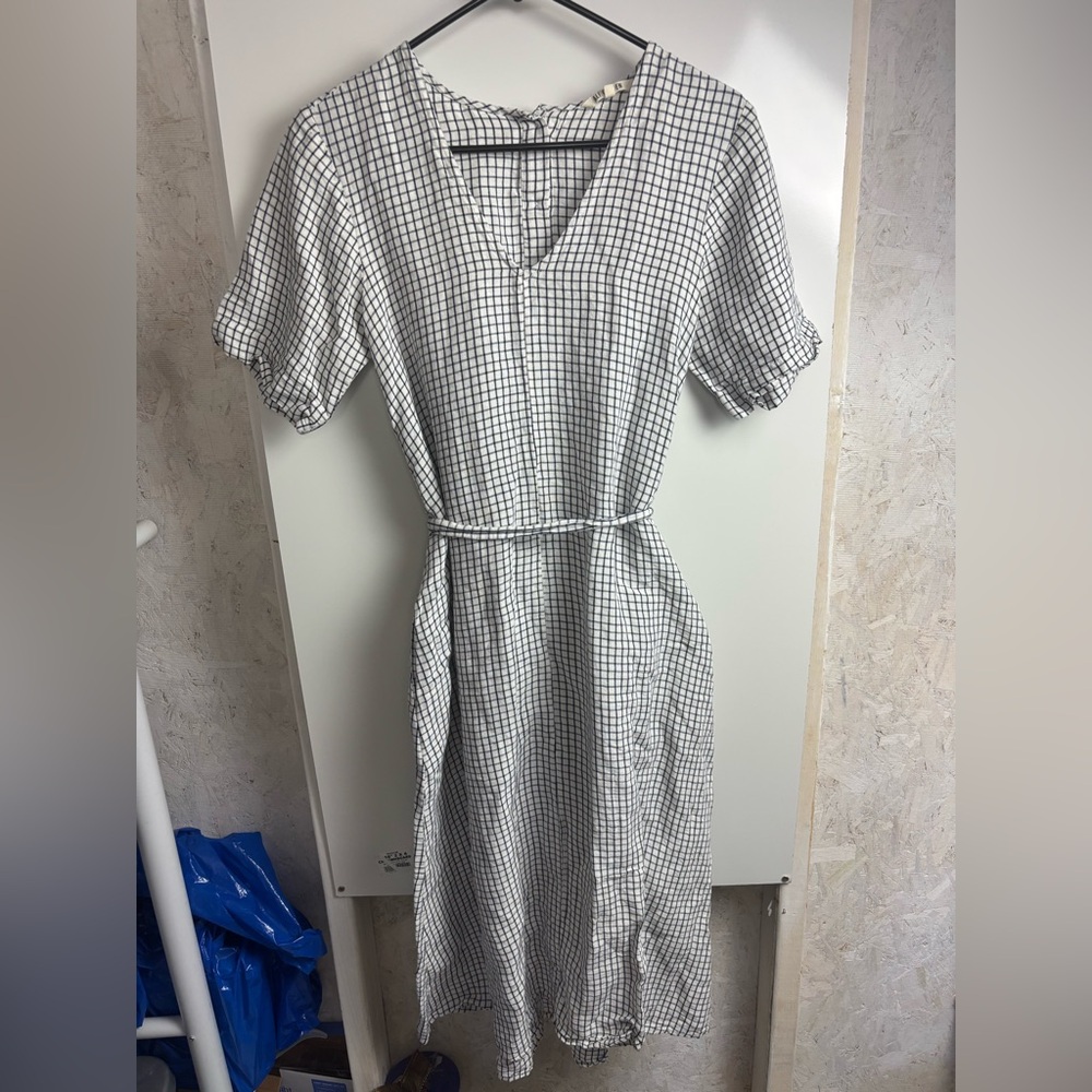 Ali Golden checkered linen blend belted‎ dress